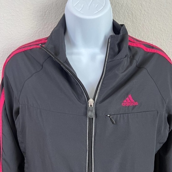 Adidas Gray Jacket Women's Small Full Zip Pink Side Stripe Track Wind Breaker - Picture 2 of 7